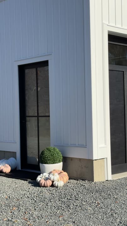 Reel by @theverestplace: Black narrow-profile door with four tall glass panes on a white board-and-batten house, a boxwood and pumpkins at the step.